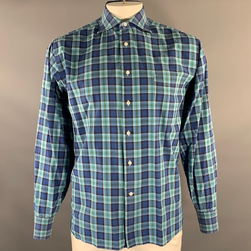 LORENZI Size XL Turquoise Blue Plaid Long Sleeve Shirt